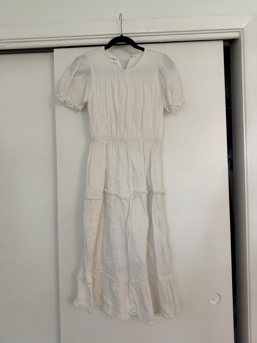 White Midi Tiered Cotton Dress with Puff Sleeves